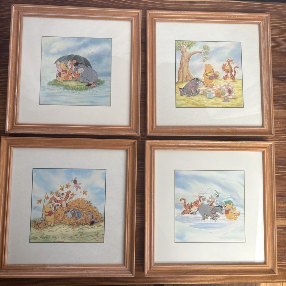 Winnie the Pooh 4 Seasons Framed Prints Set Disney Nursery Wall Art
